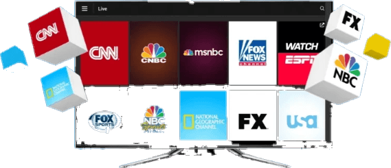 Smart TV with a live channel grid and floating tiles — IPTV-style preview.